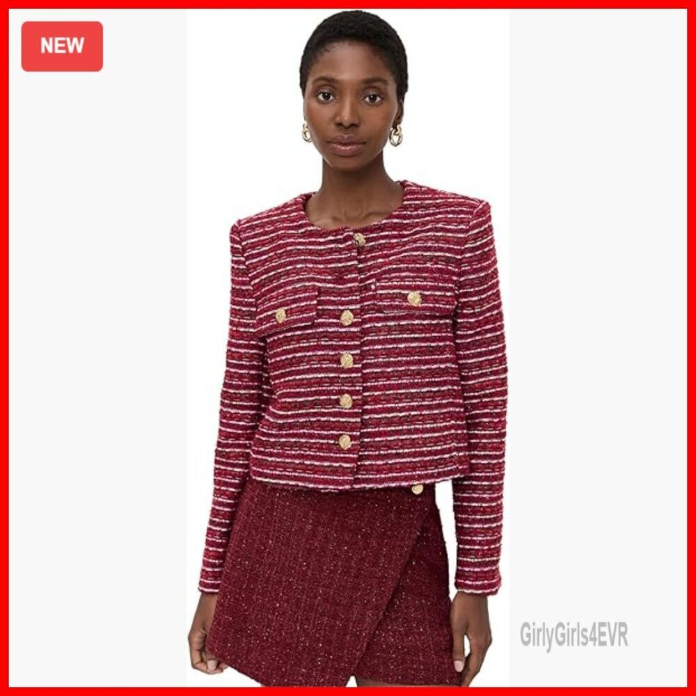 Tweed Casual Jacket with Padded Shoulders, Gold Hardware, Flap Pockets